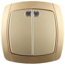 Выключатель СВЕТОЗАР "Акцент" двухклавишный в сборе, с подсветкой, цвет золотой металлик, 10А/250В