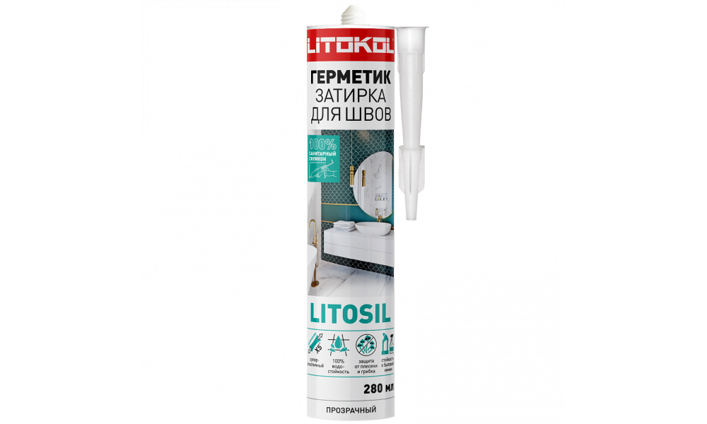 Герметик-затирка санитарный силиконовый LITOSIL прозрачный, 280 мл